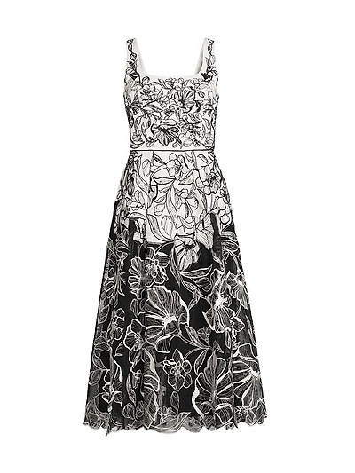 Floral Embroidered Organza Midi-Dress