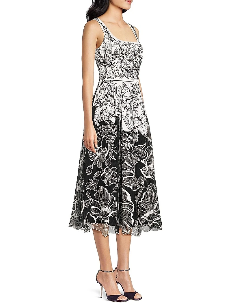 Floral Embroidered Organza Midi-Dress