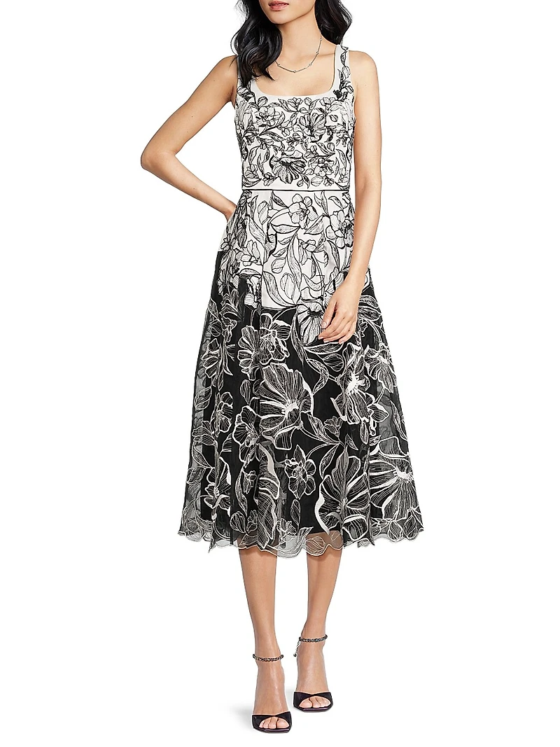 Floral Embroidered Organza Midi-Dress
