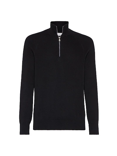 Cotton English Rib Sweater with Half Zip