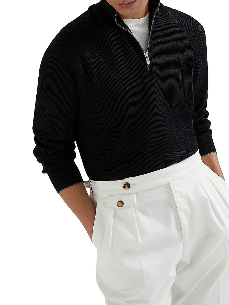 Cotton English Rib Sweater with Half Zip