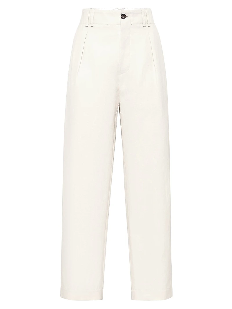 Cotton and Linen Canvas Pleated Chino Trousers