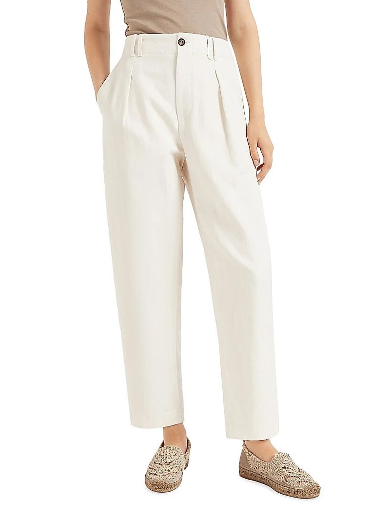 Cotton and Linen Canvas Pleated Chino Trousers