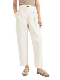 Cotton and Linen Canvas Pleated Chino Trousers