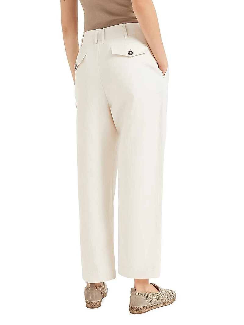 Cotton and Linen Canvas Pleated Chino Trousers