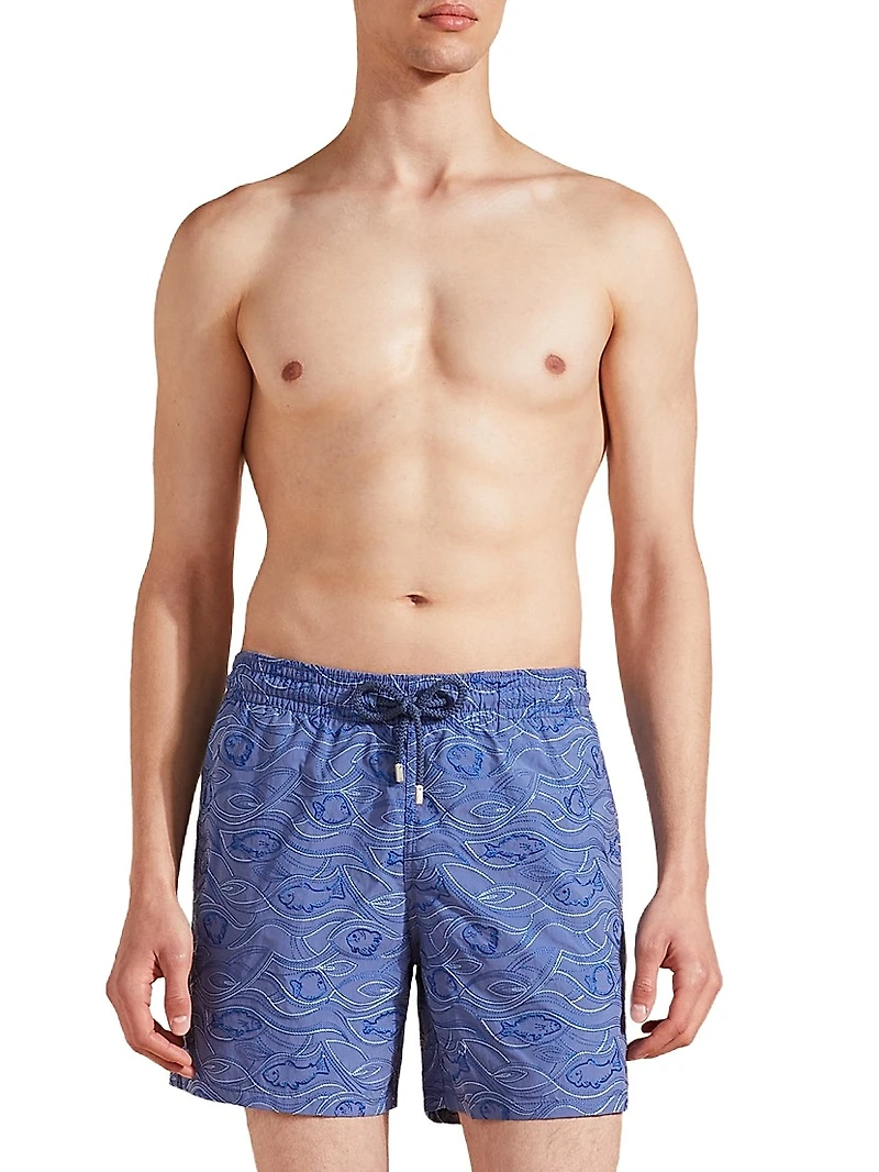 Embroidered Aquarium Swim Trunks