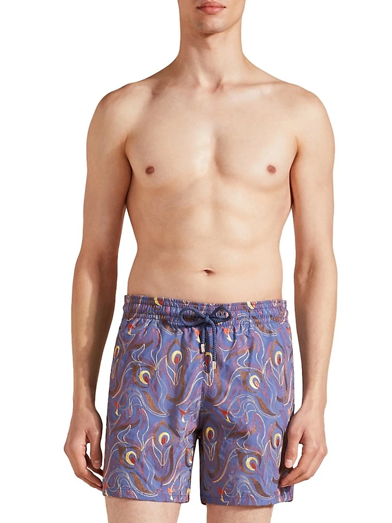 Embroidered Camo Flowers Swim Trunks