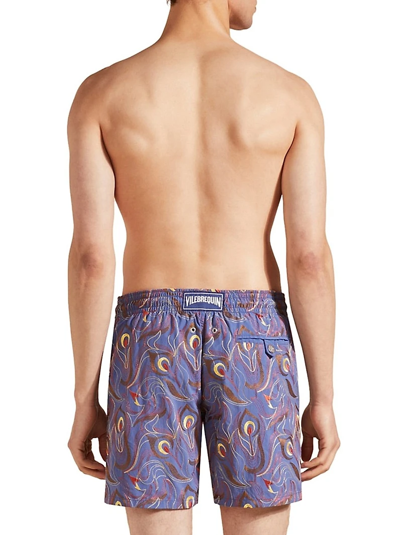 Embroidered Camo Flowers Swim Trunks