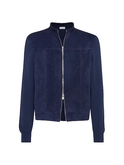Suede and Cotton Knit Bomber Jacket