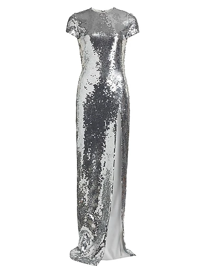 Metallic Sequin Short-Sleeve Slit Gown