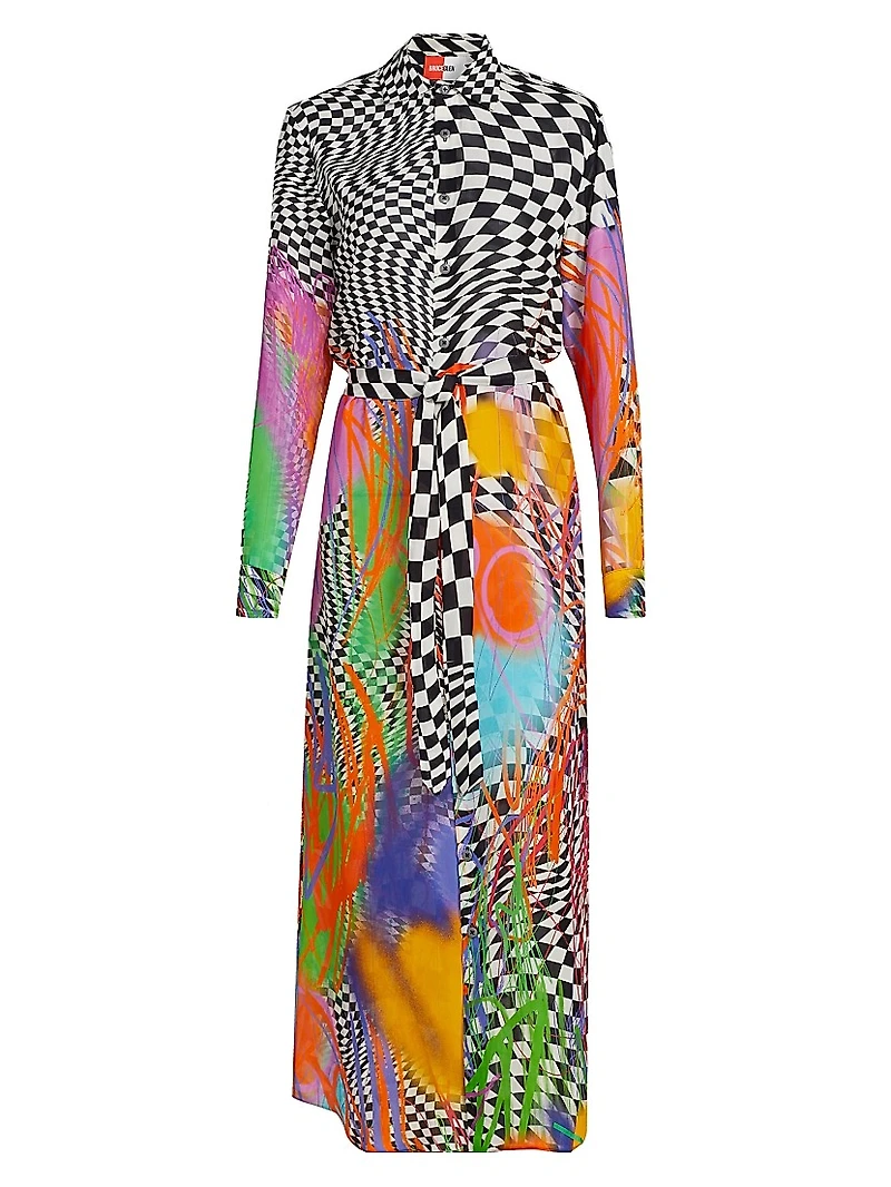 Scribble Check Double Georgette Silk Maxi Shirtdress