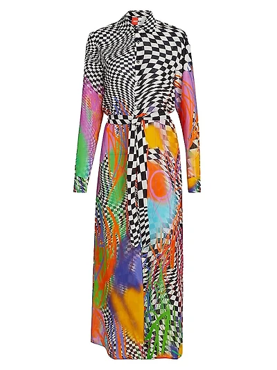 Scribble Check Double Georgette Silk Maxi Shirtdress