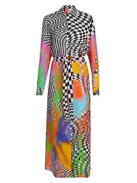 Scribble Check Double Georgette Silk Maxi Shirtdress