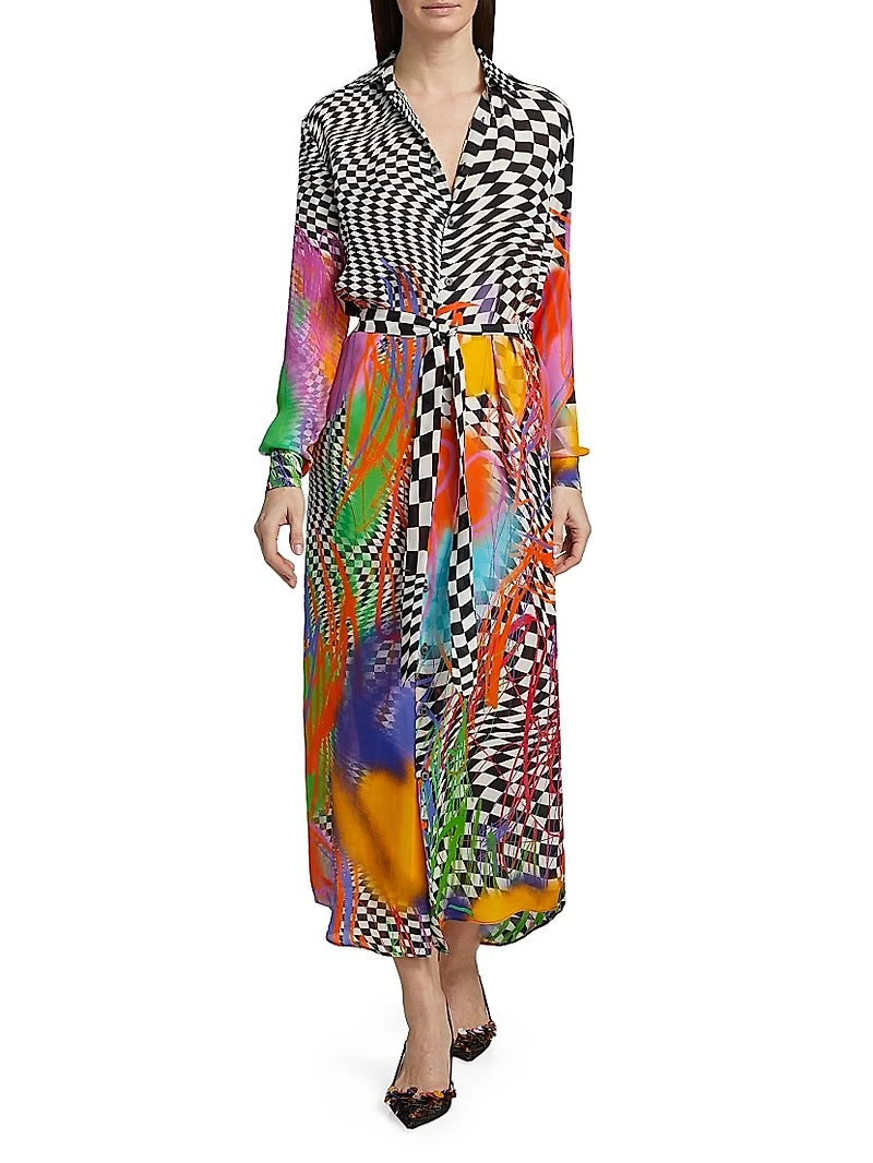 Scribble Check Double Georgette Silk Maxi Shirtdress