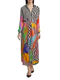 Scribble Check Double Georgette Silk Maxi Shirtdress