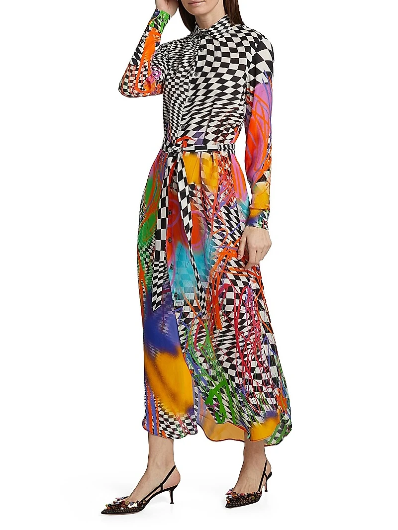 Scribble Check Double Georgette Silk Maxi Shirtdress