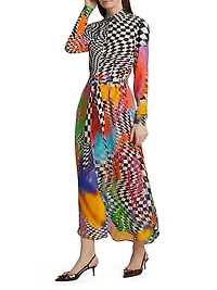 Scribble Check Double Georgette Silk Maxi Shirtdress