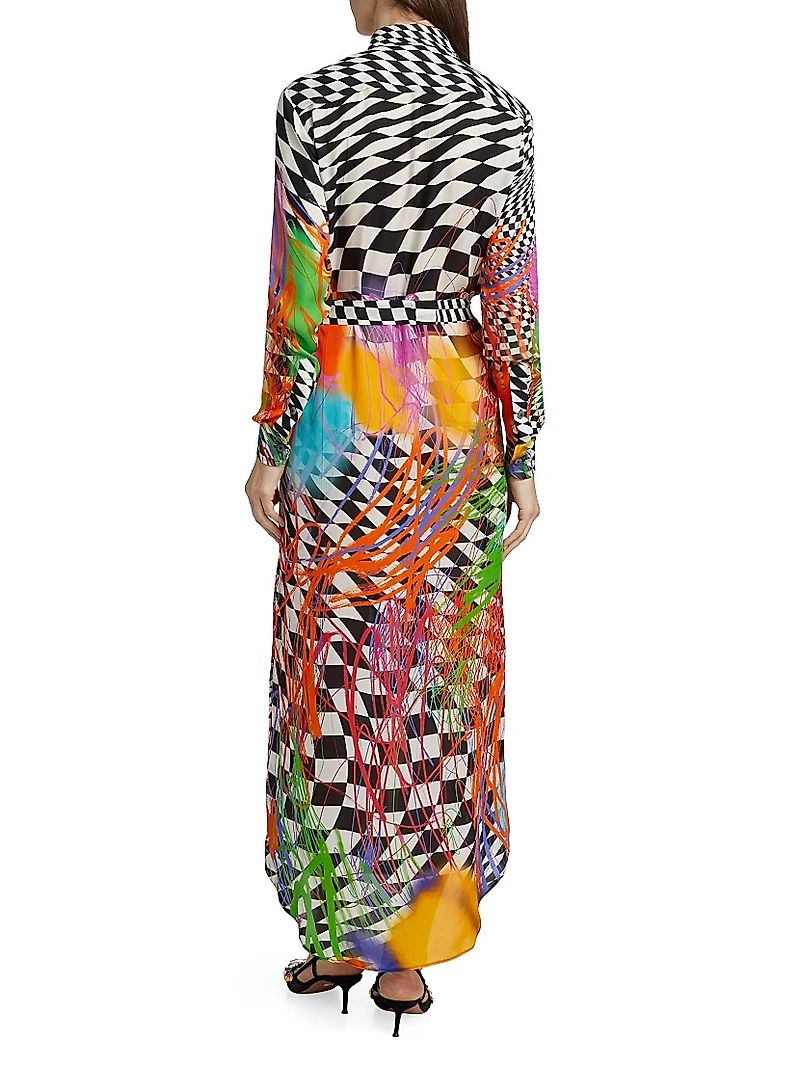 Scribble Check Double Georgette Silk Maxi Shirtdress