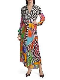 Scribble Check Double Georgette Silk Maxi Shirtdress