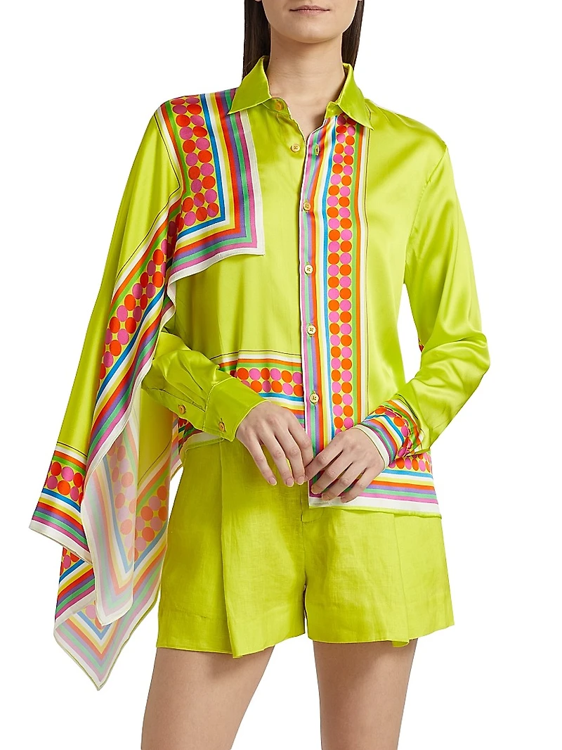 Scarf-Printed Asymmetric-Hem Shirt