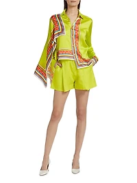 Scarf-Printed Asymmetric-Hem Shirt