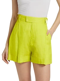 Pleated High-Rise Linen Shorts