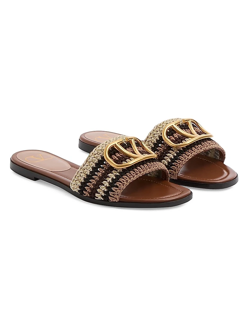 VLogo Signature Slide Sandals with Crochet Embroidery