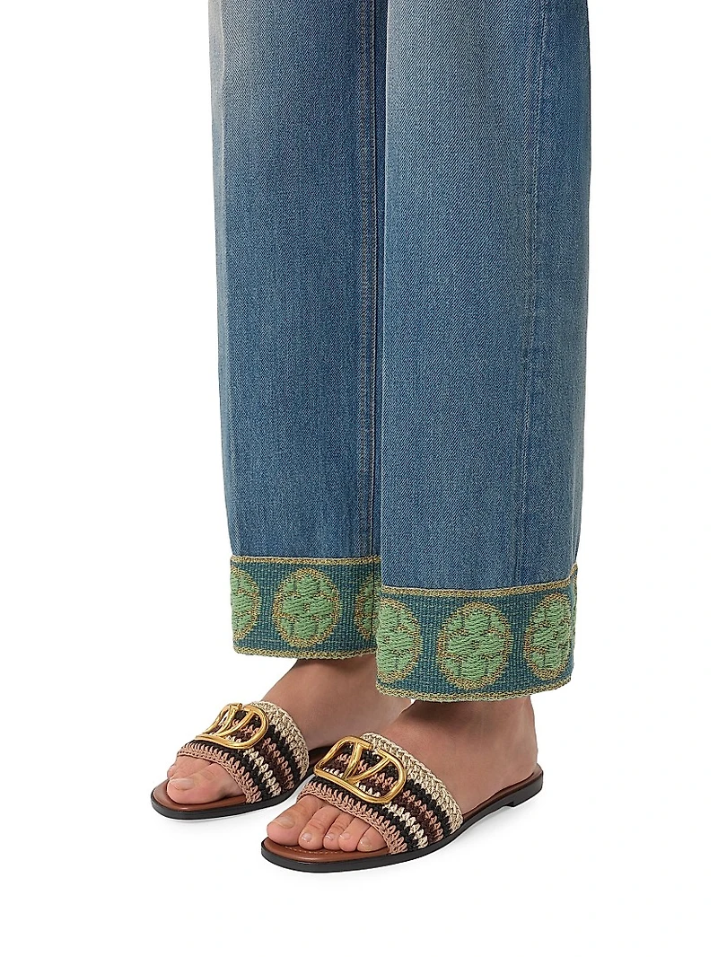 VLogo Signature Slide Sandals with Crochet Embroidery