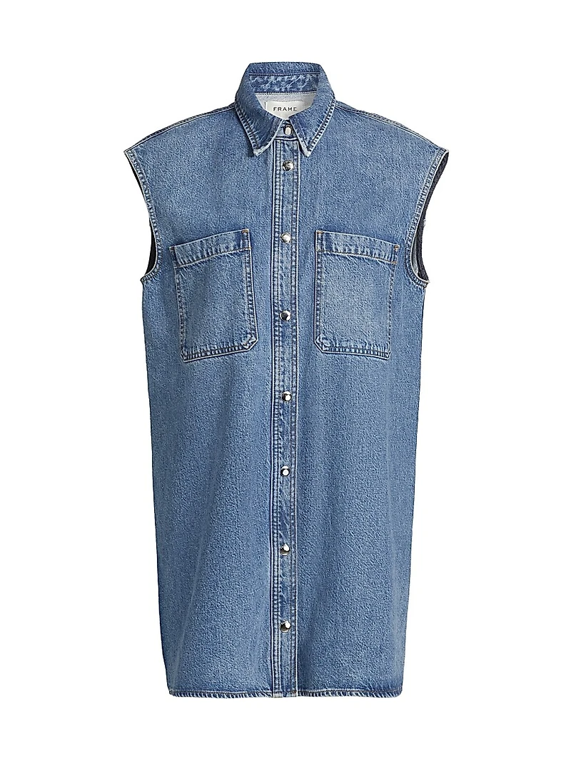 The Sleeveless Front-Snap Denim Mini Shirtdress