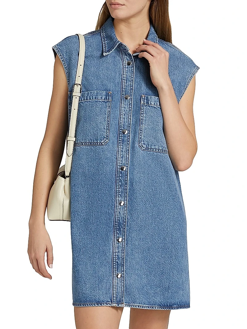 The Sleeveless Front-Snap Denim Mini Shirtdress