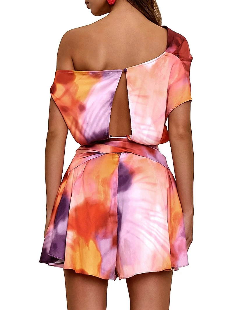 Edah Draped Printed Off-The-Shoulder Romper