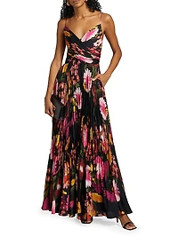 Yonah Pleated Floral Satin Maxi Dress