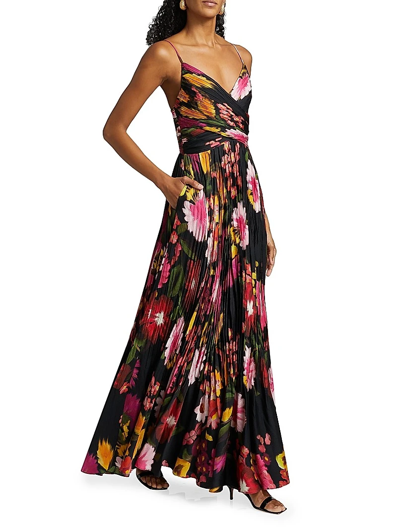 Yonah Pleated Floral Satin Maxi Dress