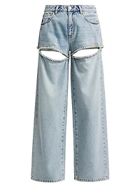 Baggy Pearl-Embellished Cut-Out Jeans