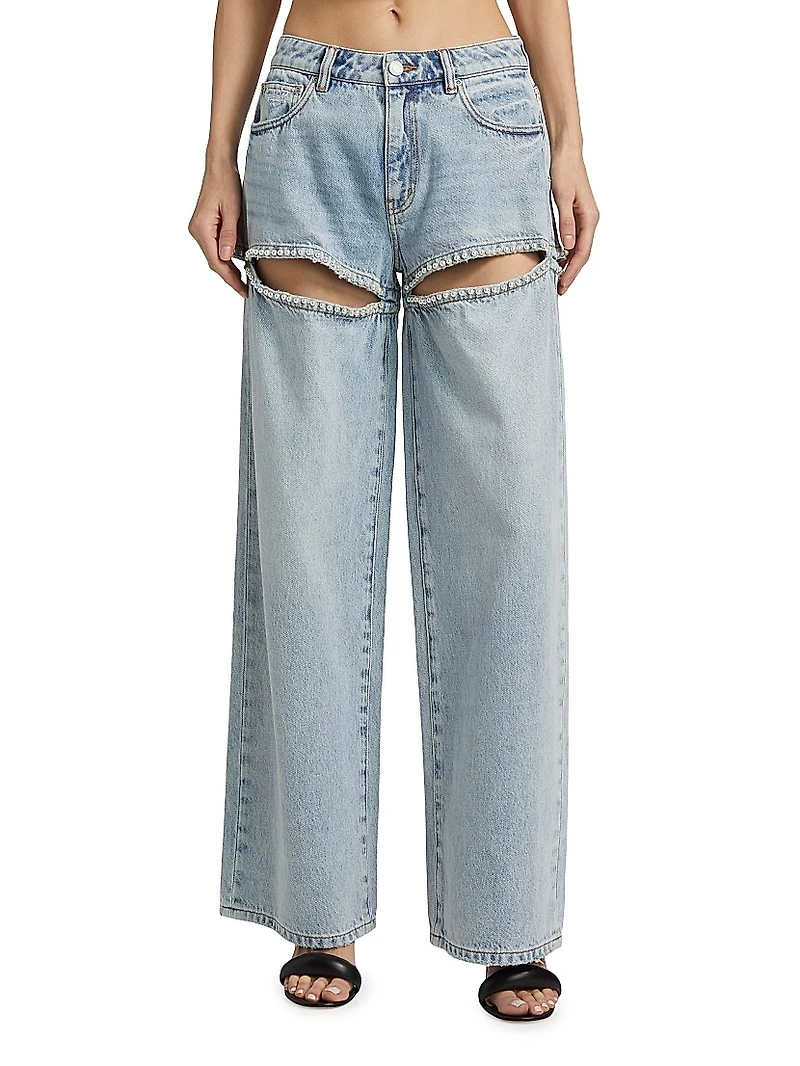 Baggy Pearl-Embellished Cut-Out Jeans