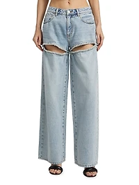 Baggy Pearl-Embellished Cut-Out Jeans