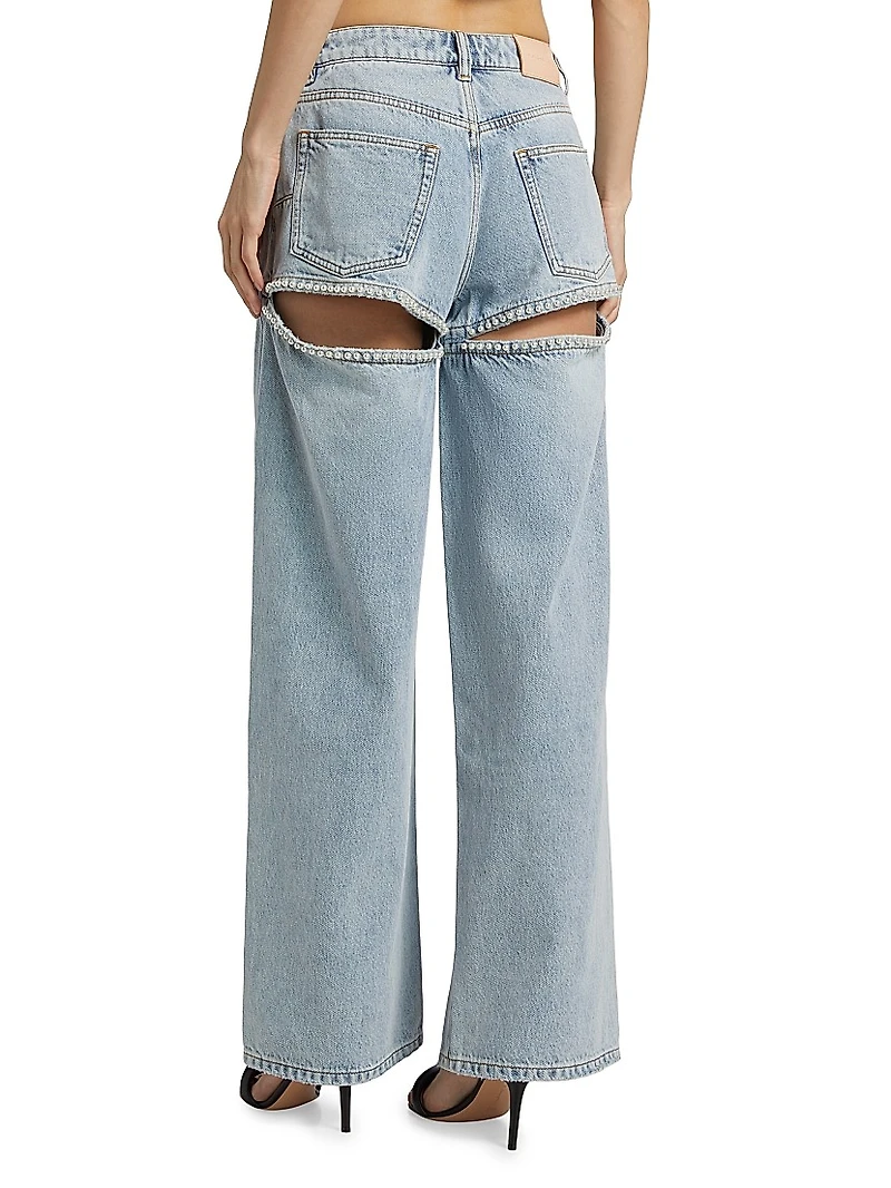Baggy Pearl-Embellished Cut-Out Jeans