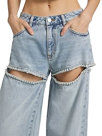 Baggy Pearl-Embellished Cut-Out Jeans
