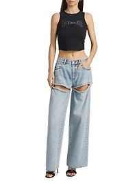 Baggy Pearl-Embellished Cut-Out Jeans