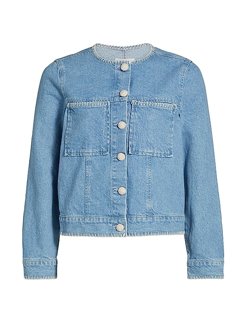 Lido Whipstiched Cotton Denim Collarless Jacket