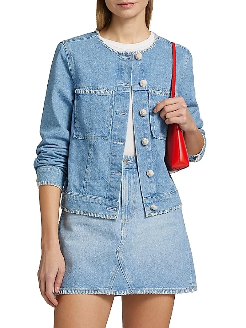 Lido Whipstiched Cotton Denim Collarless Jacket