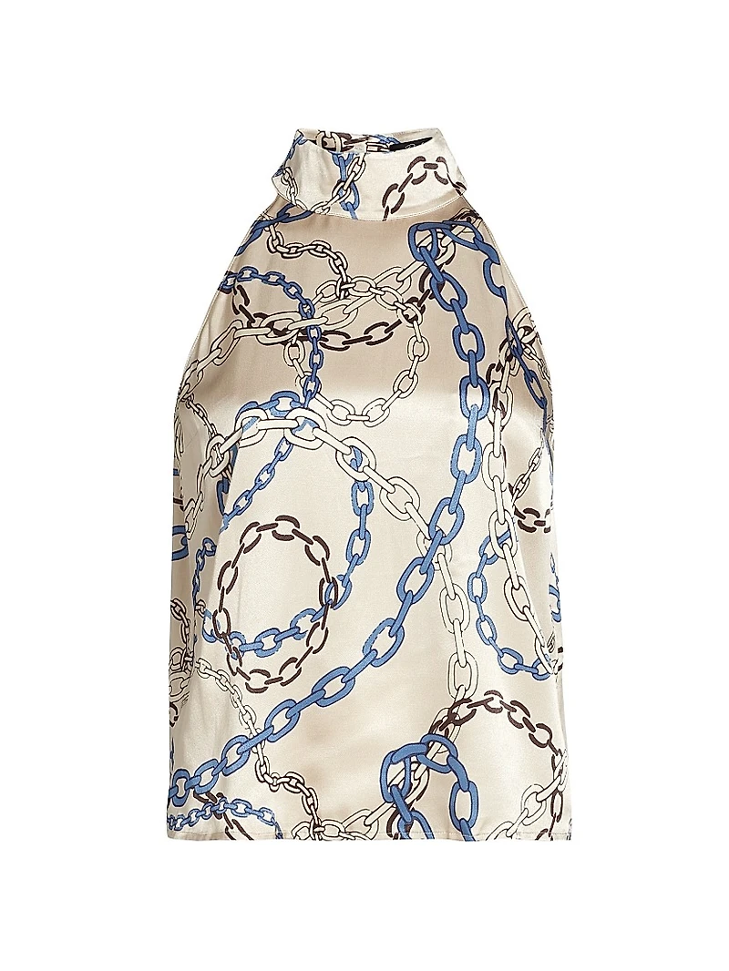 Leah Chain-Print Satin Halterneck Top