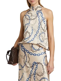 Leah Chain-Print Satin Halterneck Top