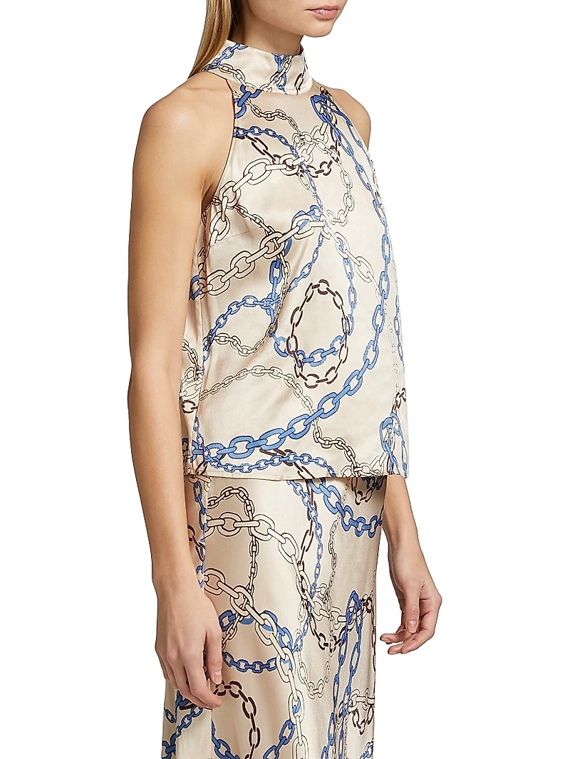 Leah Chain-Print Satin Halterneck Top