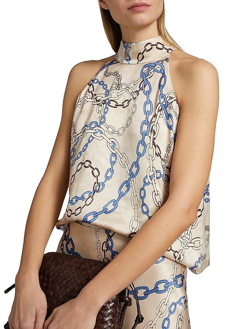 Leah Chain-Print Satin Halterneck Top