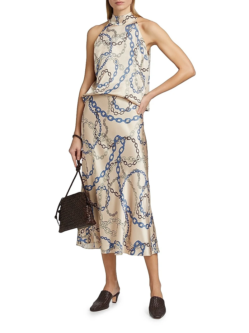 Leah Chain-Print Satin Halterneck Top