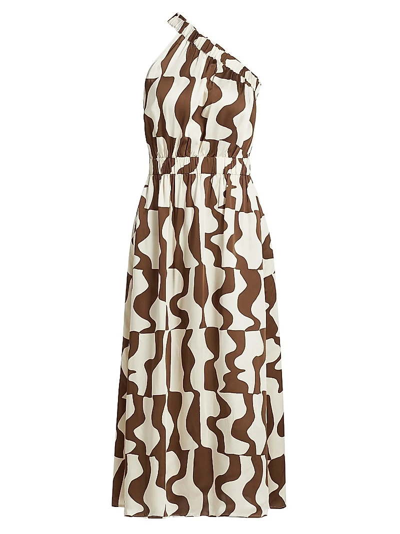 India Abstract Crepe Elasticized One-Shoulder Midi-Dress