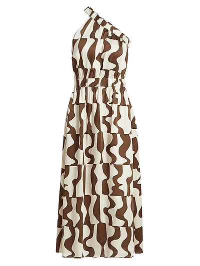 India Abstract Crepe Elasticized One-Shoulder Midi-Dress