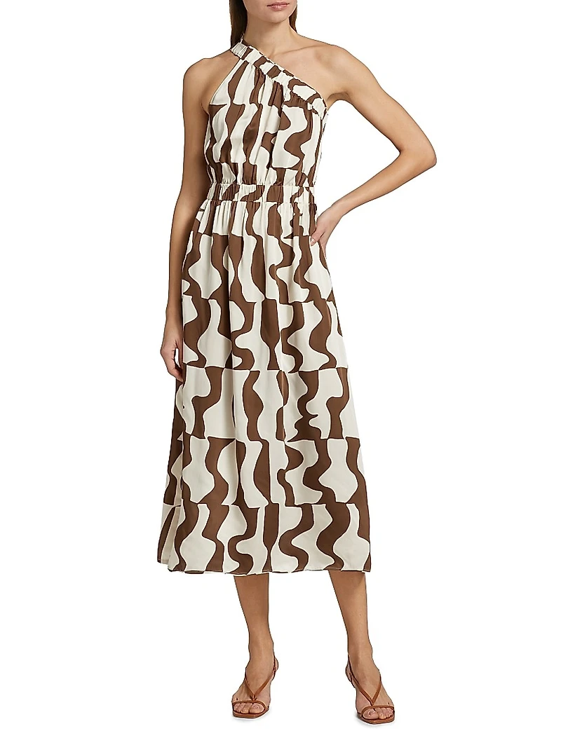 India Abstract Crepe Elasticized One-Shoulder Midi-Dress