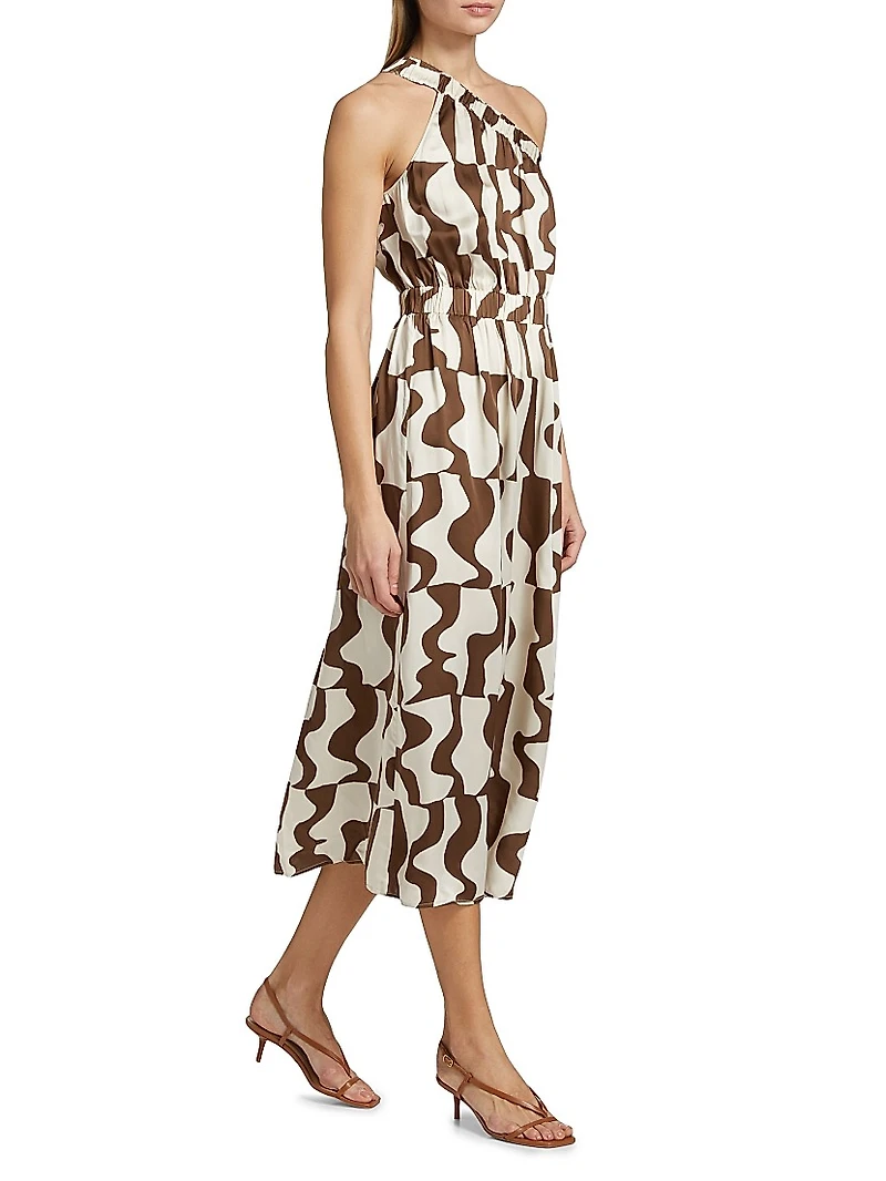 India Abstract Crepe Elasticized One-Shoulder Midi-Dress
